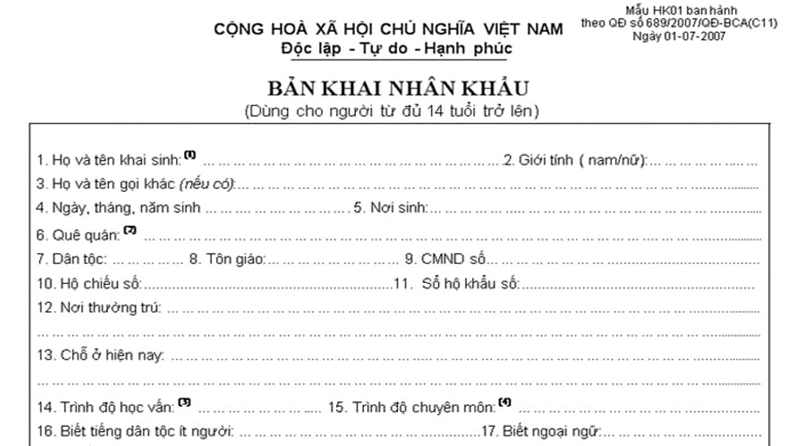 Bản khai nhân khẩu là giấy tờ cần thiết khi đăng ký tạm trú