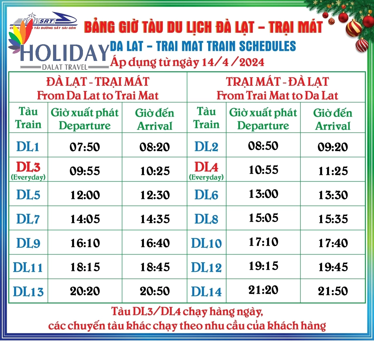 bảng giờ tàu du lịch ga đà lạt