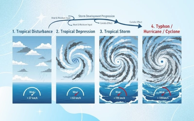 Bão hình thành qua các giai đoạn từ nhiễu động nhiệt đới đến siêu bão