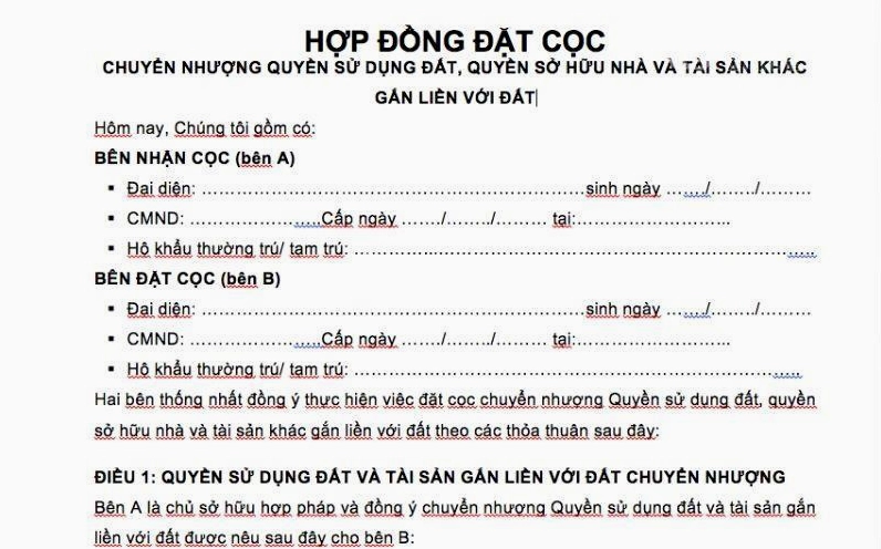 Các thành phần cơ bản của một mẫu giấy đặt cọc mua đất viết tay hợp lệ