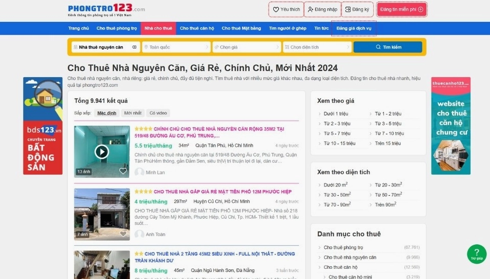 Cho thuê nhà giá rẻ tại Phongtro123.com