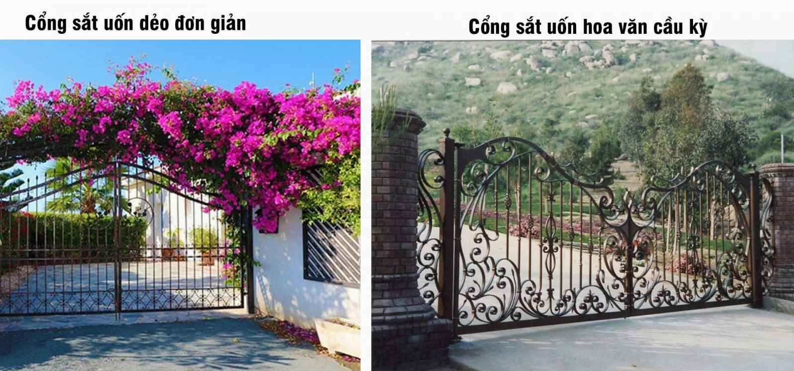 Cổng sắt uốn đơn giản và cổng sắt cầu kỳ cho nhà vườn