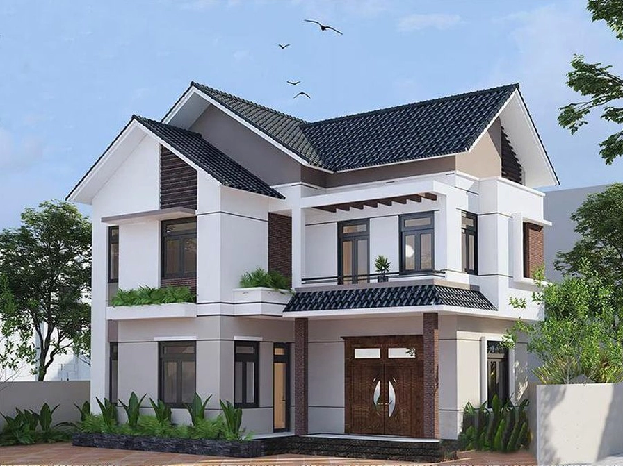 Nhà nhà 2 tầng 4 phòng ngủ, 1 phòng thờ hiện đại với khối kiến trúc vững chãi, mái giật cấp và các mảng xanh tinh tế, mang đến vẻ đẹp khang trang và tiện nghi