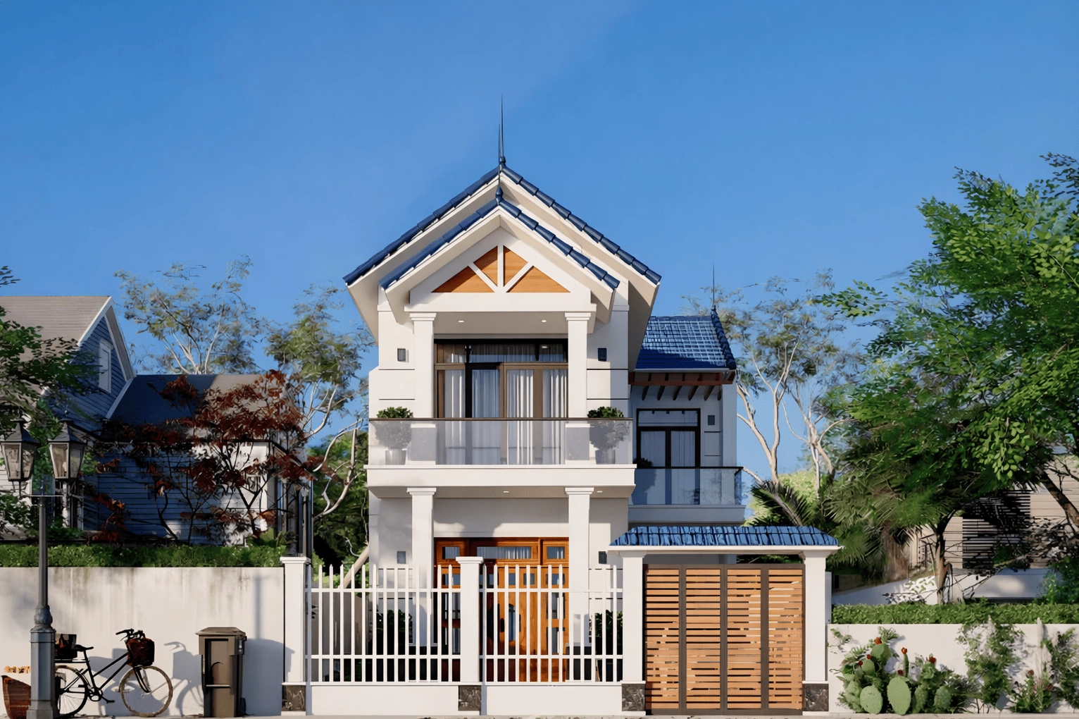 Sự kết hợp giữa gam màu trung tính, chi tiết gỗ ấm và mảng xanh xung quanh mang lại tổng thể hài hòa, phù hợp với không gian sống yên tĩnh trong khu dân cư đô thị