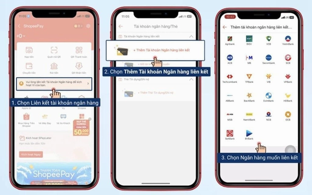 Thực hiện cách liên kết tài khoản ngân hàng với Shopee Pay như hình ảnh trên.