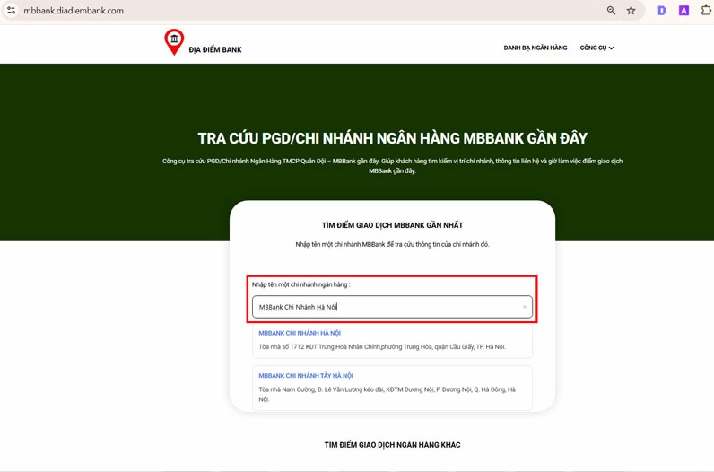 Tra cứu chi nhánh MBBank